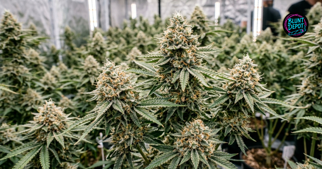 A wide-angle view of several AK-47 cannabis plants growing under LED lights in a professional indoor garden.