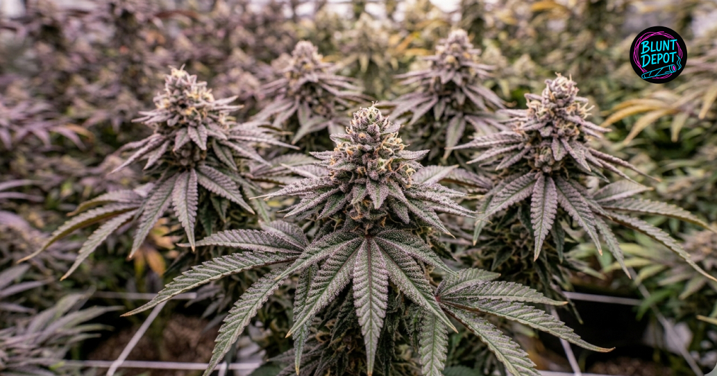 An indoor cannabis grow room featuring a canopy of flowering Granddaddy Purple strain plants.
