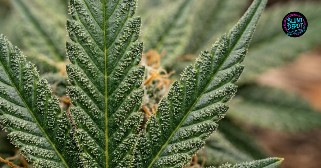 Macro view of a green cannabis leaf from a Pineapple Express plant covered in white trichomes.
