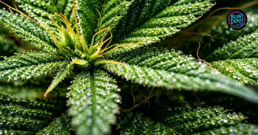 Close-up of a purple and green cannabis leaf from a Key Lime Pie strain plant covered in white trichomes.