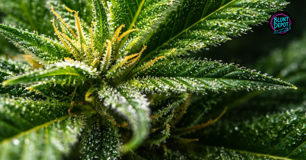 Extreme close-up of the sugary trichomes and crystalline structure on a Black Diamond weed strain leaf.