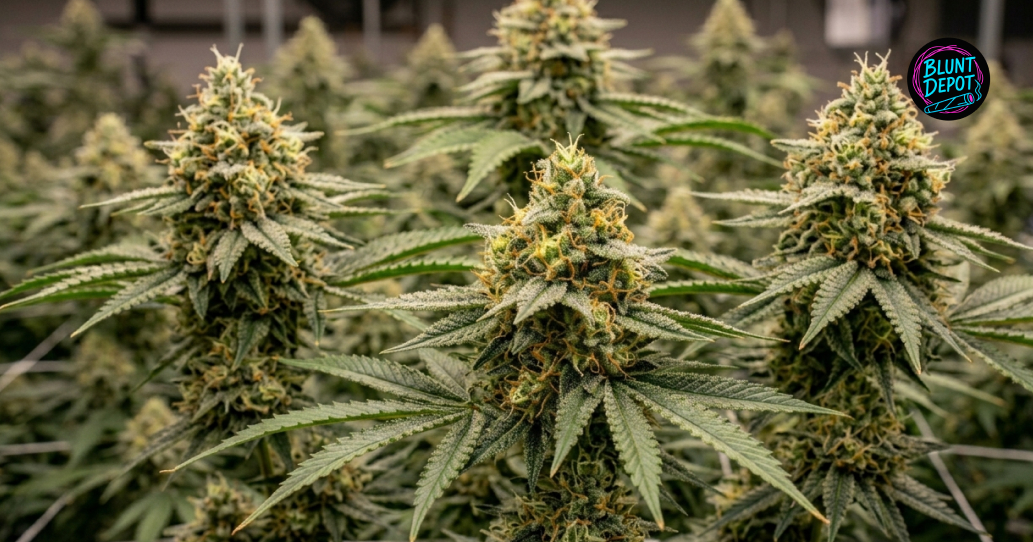 A field of Lemon Meringue weed strain plants in a commercial indoor cultivation facility.