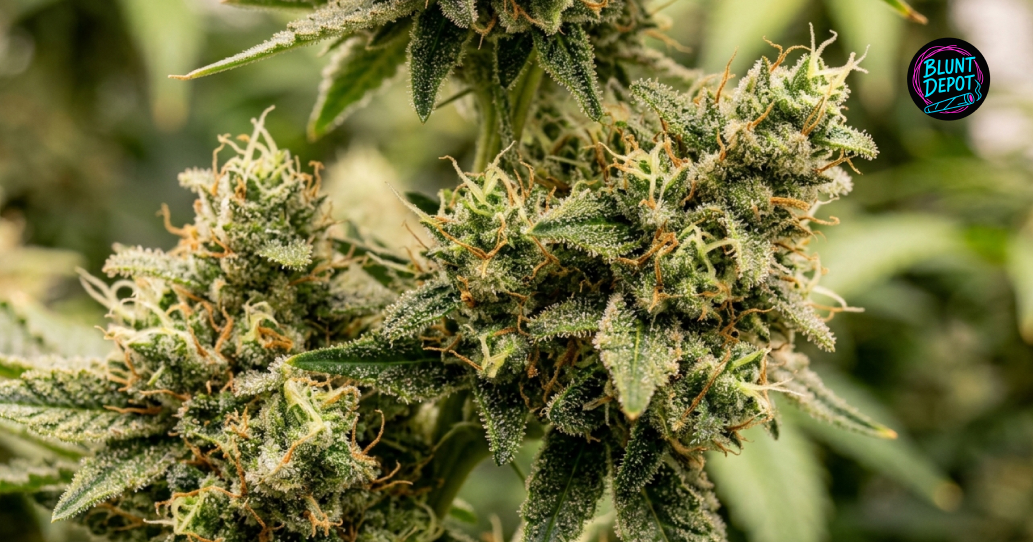 A flowering Sour Tangie weed strain plant in a professional indoor cultivation facility.