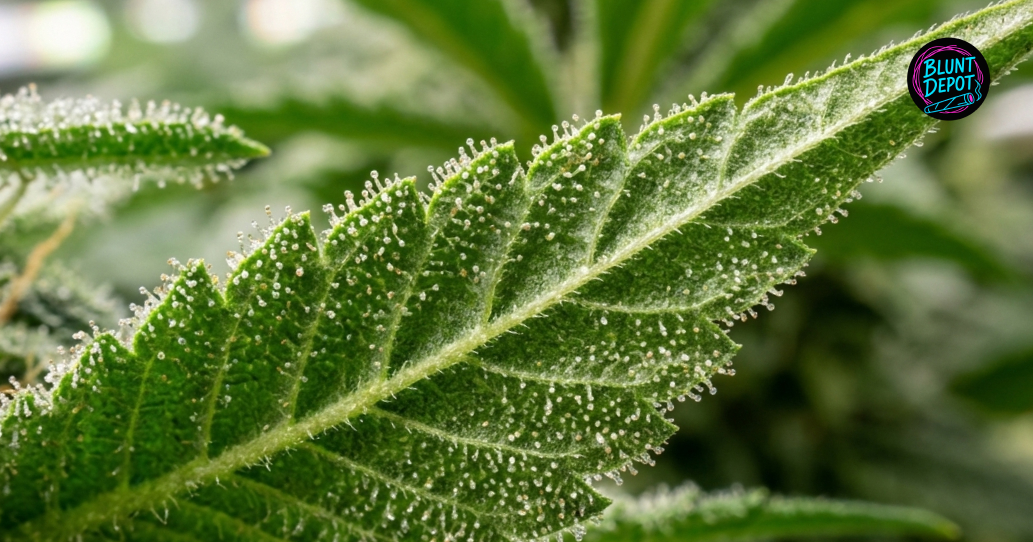 Macro photography of a cannabis leaf from the Quantum Kush strain covered in sparkling resin glands.