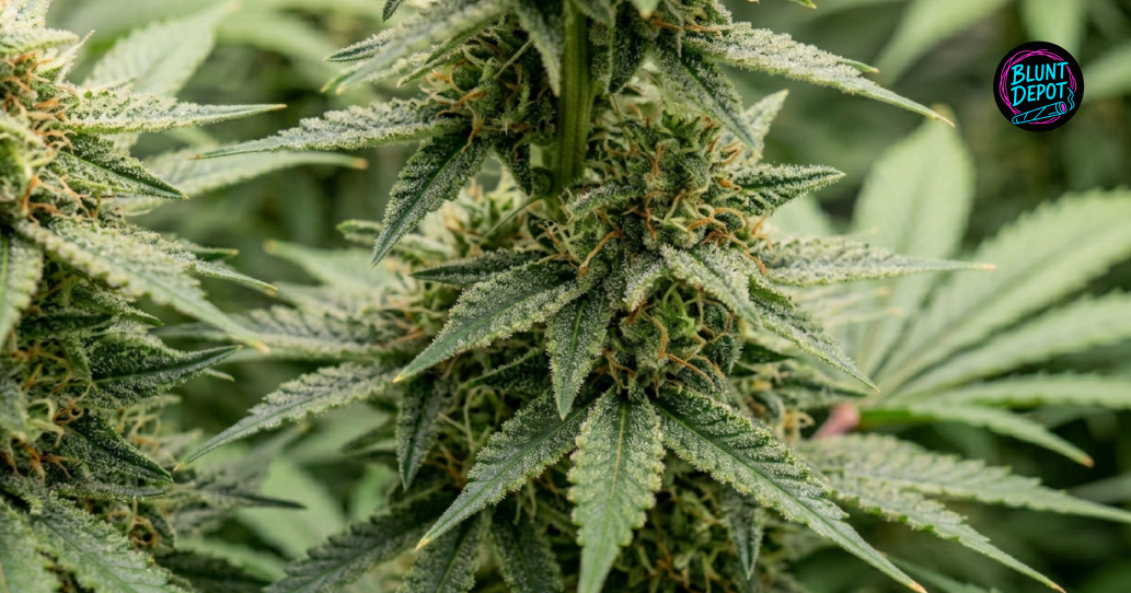 A thriving Member Berry cannabis plant in an indoor grow setup featuring large fan leaves and developing buds.