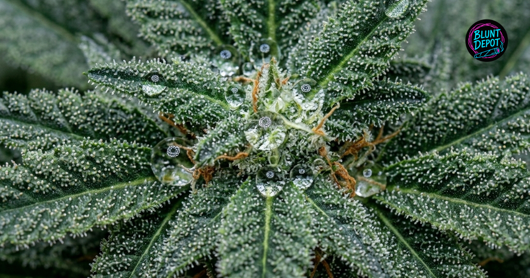 Macro photography of a Snoop’s Dream cannabis leaf covered in white crystalline trichomes and water beads.