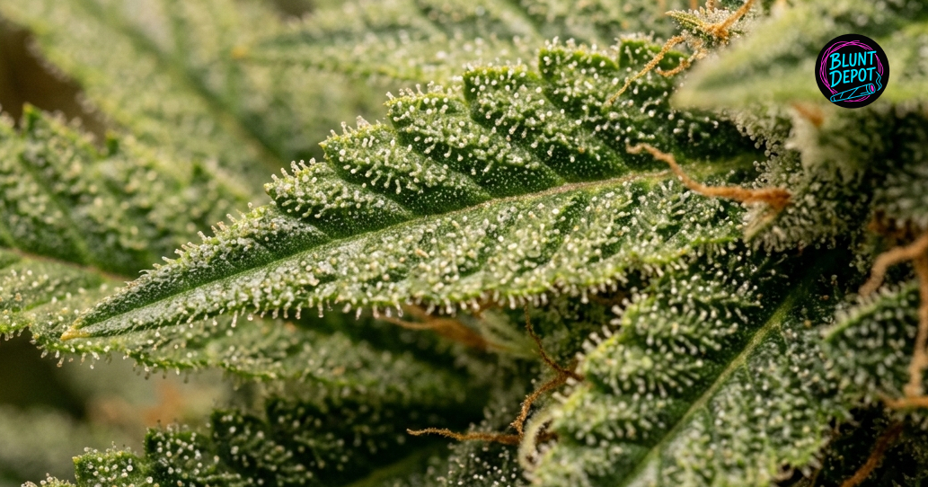 Macro photography of a Jesus OG cannabis leaf covered in a thick layer of frosty, white crystalline trichomes.