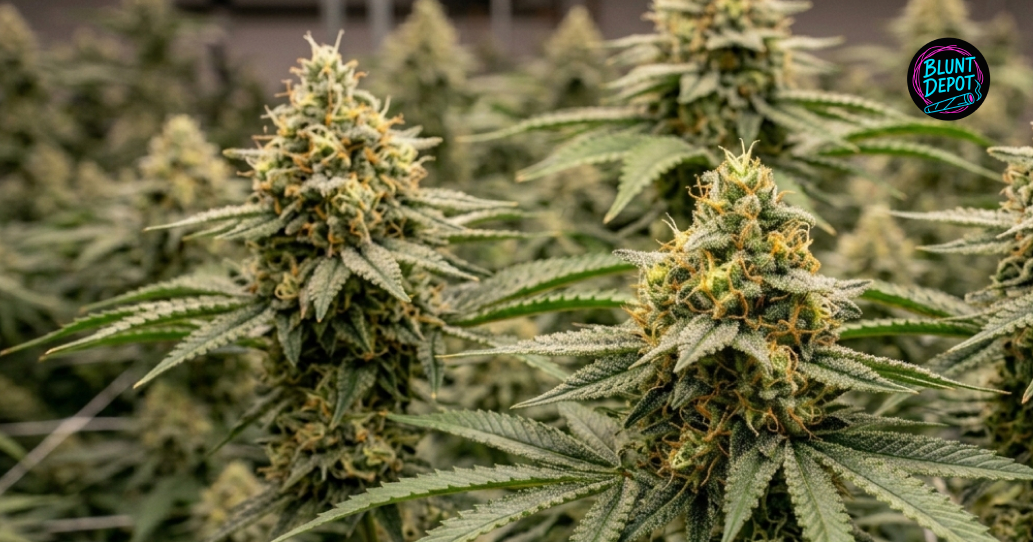 Macro shot of an Orange Cookies cannabis leaf featuring a thick layer of sparkling, resinous trichomes.
