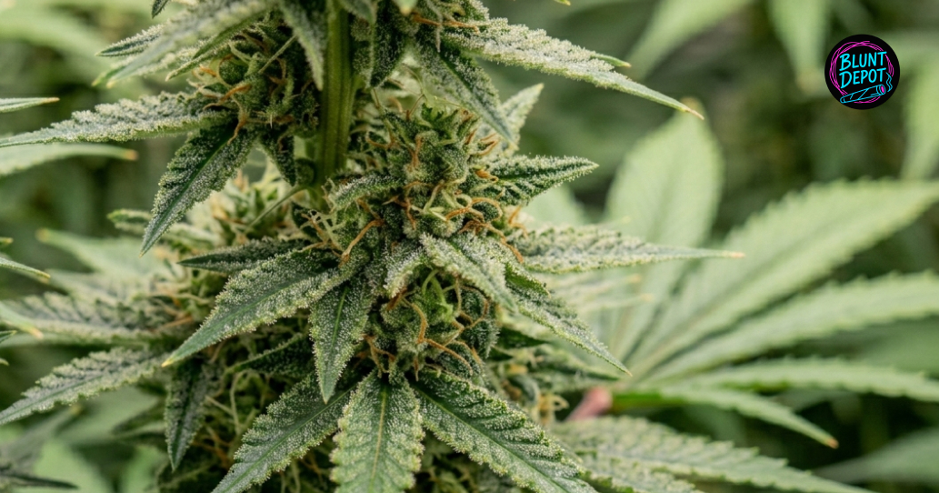 Macro shot of a White Buffalo cannabis leaf featuring a thick layer of sparkling, white crystalline trichomes.