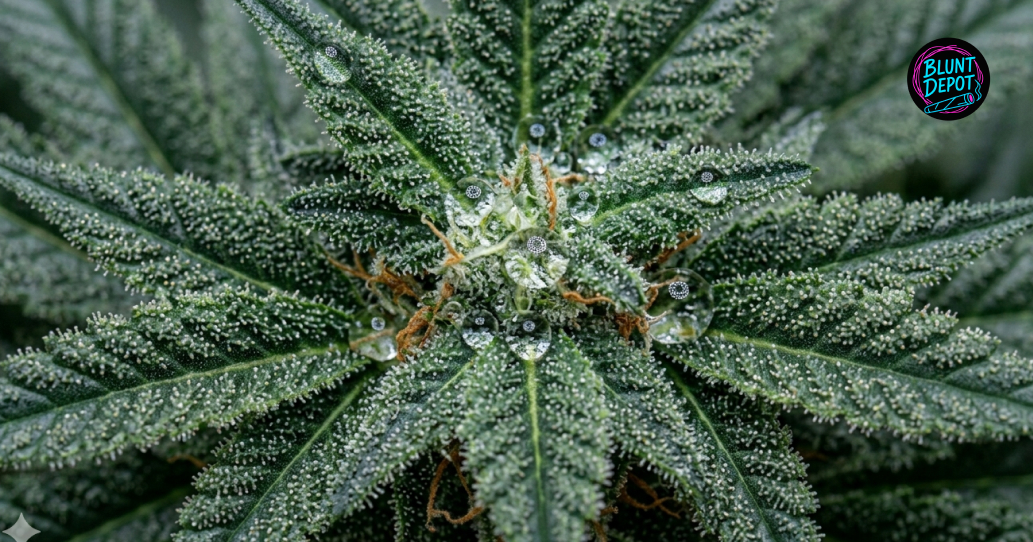 Dew-covered cannabis leaves from a Super Sour Diesel weed strain plant showing heavy trichome production.