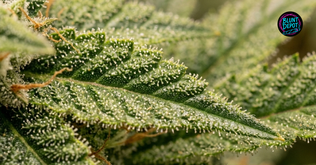 The surface of a Lamb’s Bread weed strain sativa leaf heavily coated in milky resin glands.
