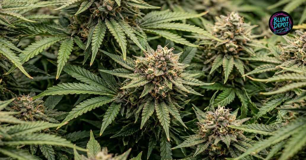 A wide-angle view of several flowering Mega Z Blue weed strain plants in a cultivation facility.