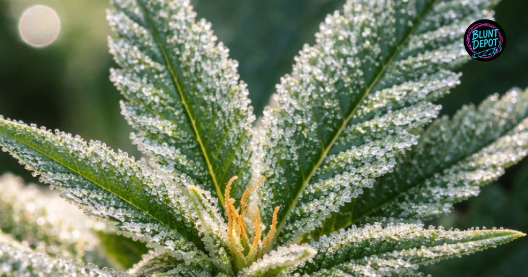 A serrated cannabis sugar leaf from the Layer Cake strain heavily dusted with white crystalline trichomes.