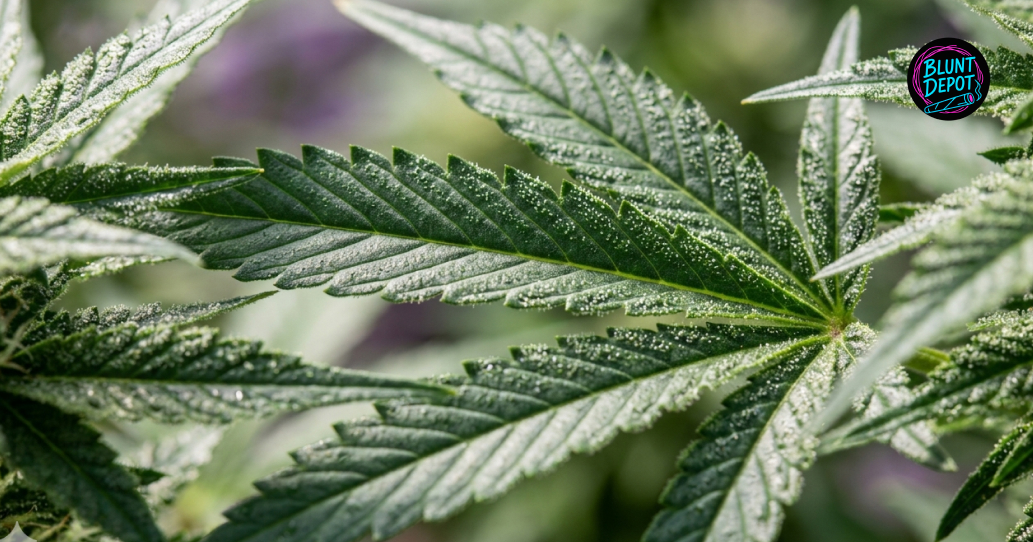 Close-up of a Laughing Buddha weed strain bud and sugar leaf showing intense trichome density.