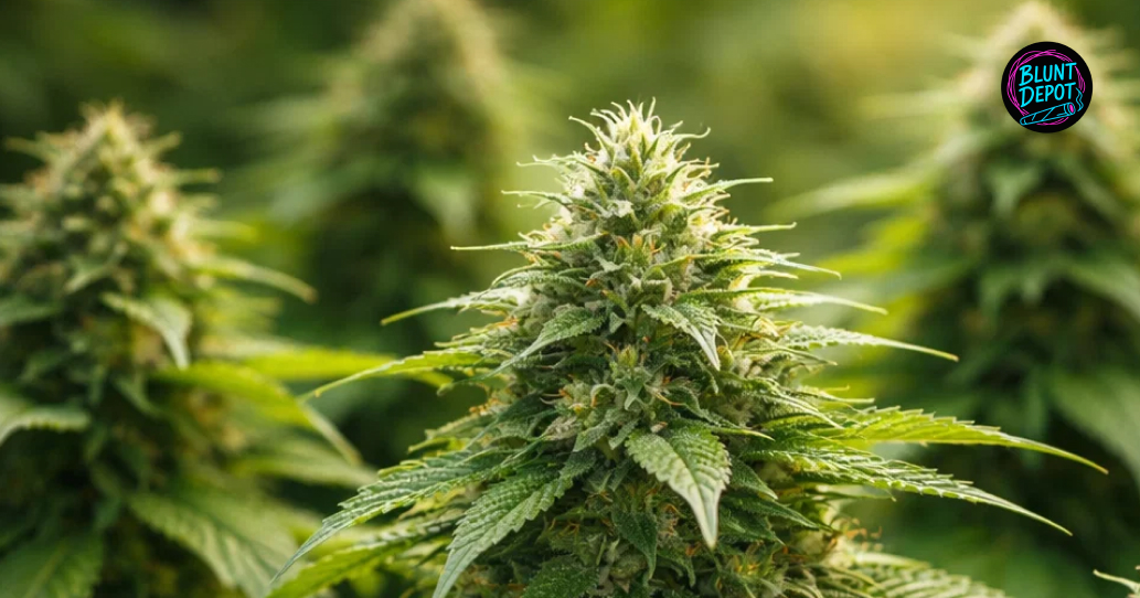 Multiple flowering tops of the Hawaiian Punch weed strain growing in a controlled indoor environment.