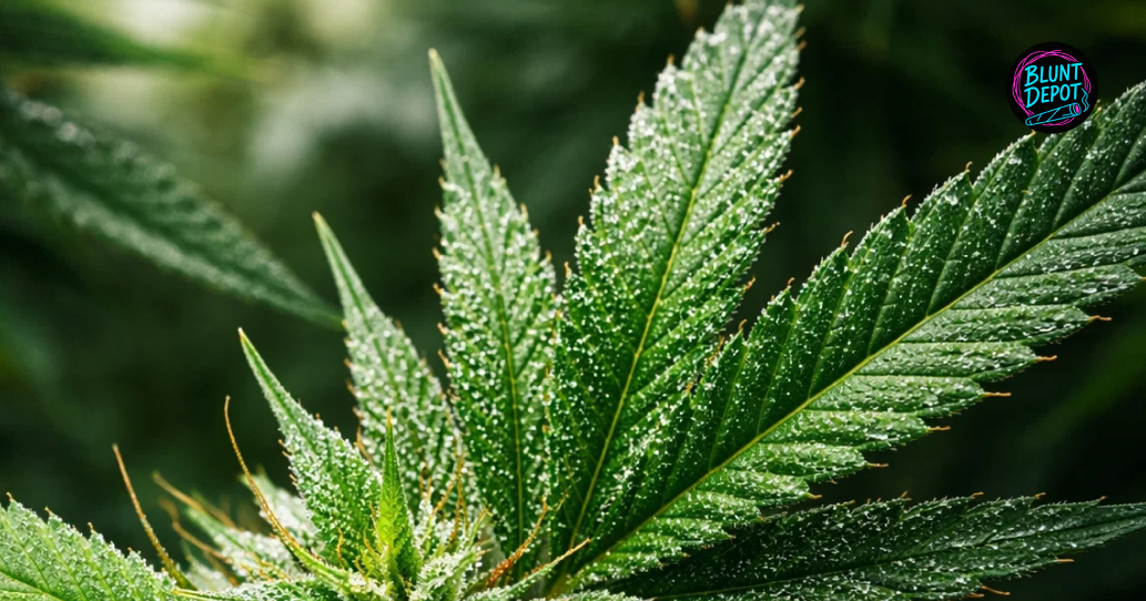A cannabis sugar leaf from the Dirty Girl strain heavily dusted with a thick layer of white crystalline trichomes.