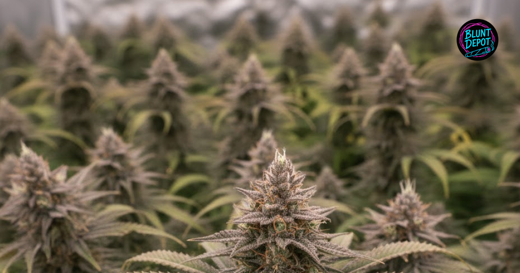 Multiple flowering tops of the Gushers weed strain growing under professional lights in a greenhouse.