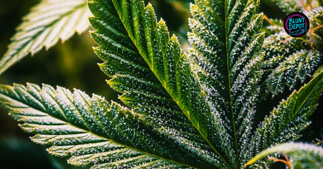 Detailed view of a green cannabis fan leaf from the LA Pop Rocks strain covered in white crystalline resin.